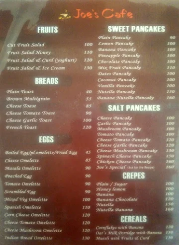 Joe's Cafe menu 