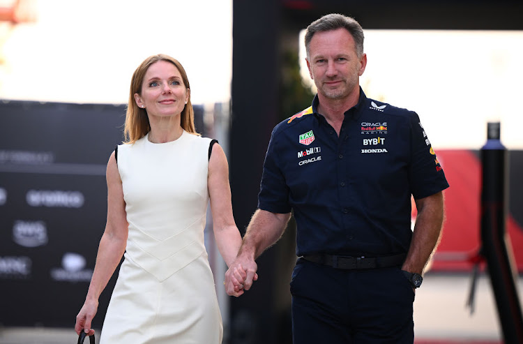 Christian Horner and Geri Halliwell-Horner walk in the paddock before the F1 Grand Prix of Bahrain on March 2 2024.