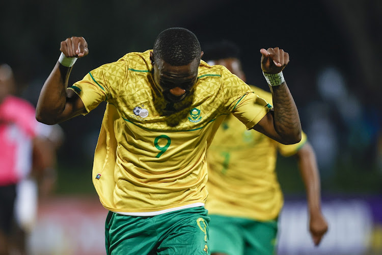 Tshegofatso Mabasa of South Africa celebrates scoring a goal in their 2-1 2023 Cosafa Cup group A win over Eswatini at Princess Magogo Stadium in Durban on July 11 2023.