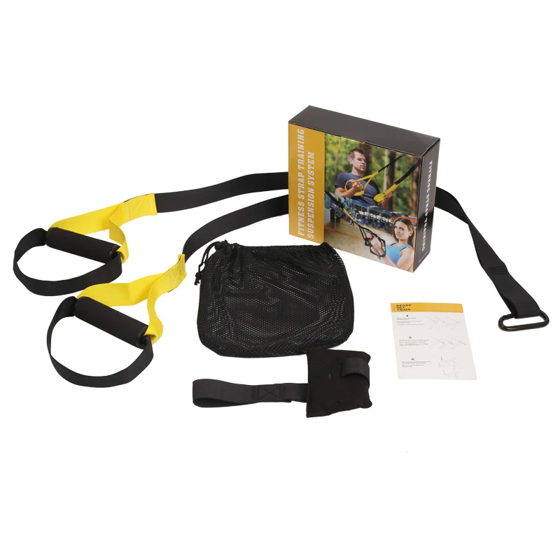 Hangende trainingsgordelset, suspension training strap, weerstandsband, yoga trekkoord. Thuis sporten, fitness en sportschool. Full body training.