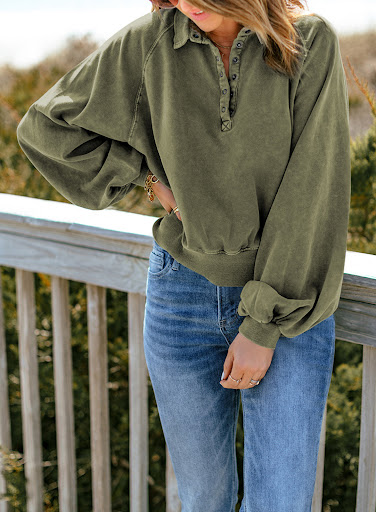 Title 45, Long-sleeve Blue-dyed V-neck Pullover Sweatshirt