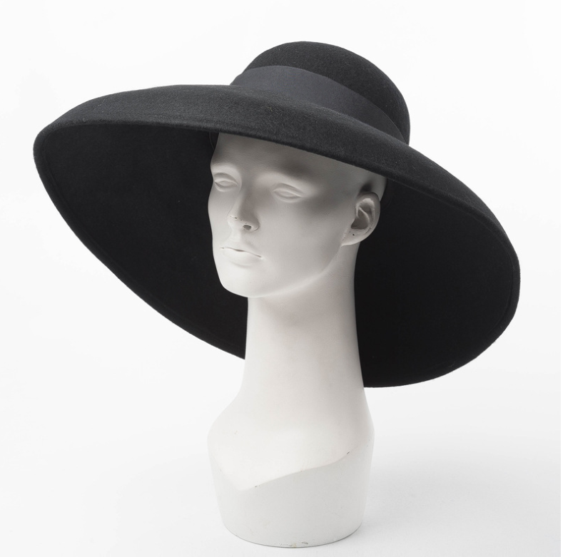 Chapéu feminino de aba larga inclinada de lã pura preta estilo clássico