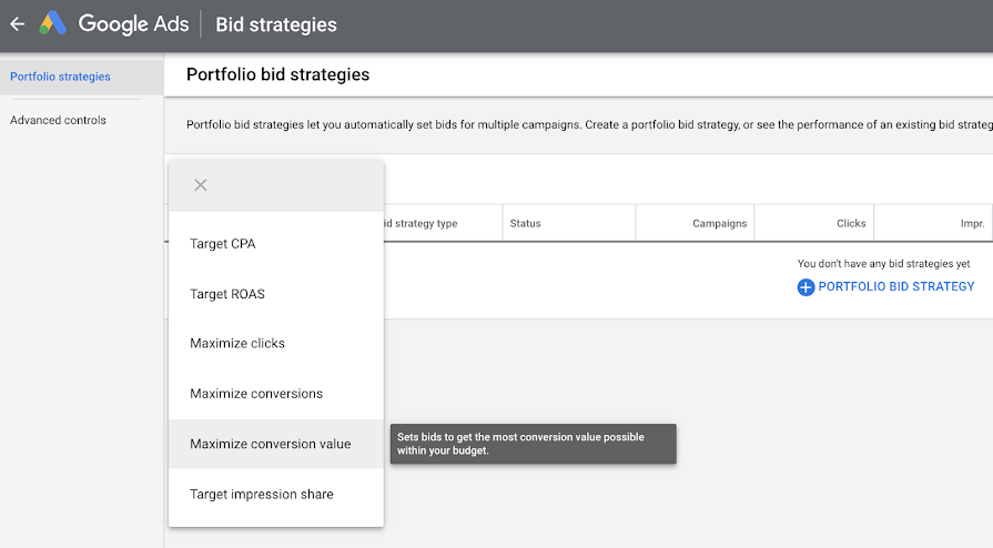 Screenshot of Maximize conversion value with portfolios