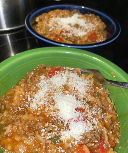 I used parts of red, green and jalapeno peppers, ground beef and cotija cheese.