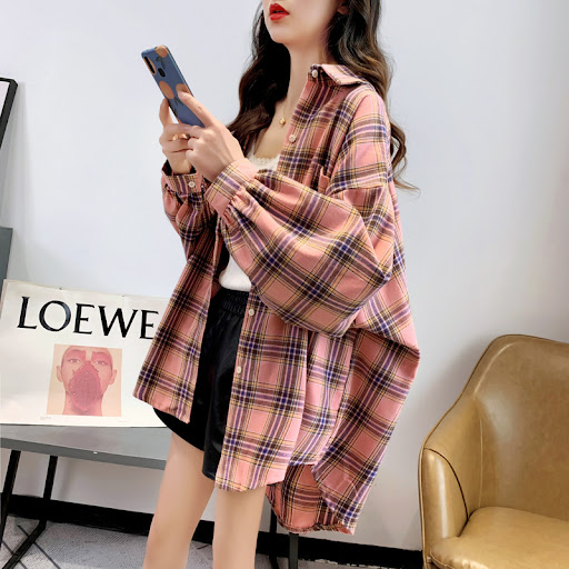 Title 4, Spring and Autumn Mid-length Loose Plaid Shirt....