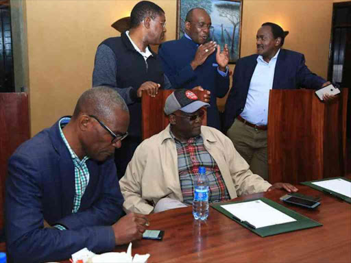 Ford Kenya Secretary General Eseli Simiyu, Ford Kenya leader Moses Wetangula, ANC Secretary General Barrack Muluka, Wiper leader Kalonzo Musyoka and former Machakos Senator Johnson Muthama during a meeting at Ole Sereni Hotel in Nairobi, March 11, 2018. /COURTESY