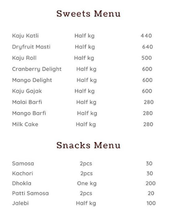 Mithas Sweets And Dry Fruits menu 