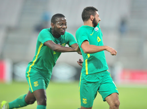 Riyaad Norodien celebrates a goal with Thabo Cele of South Africa during 2017 Cosafa Castle Cup match between Botswana and South Africa at Moruleng Stadium in Rustenburg on 04 July 2017. Samuel Shivambu/BackpagePix