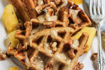 Whole Wheat Pineapple-Carrot Cake Waffles with Maple Cream Cheese Glaze