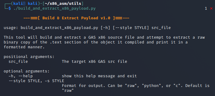 Help screen from the build and extract x86 payload script.