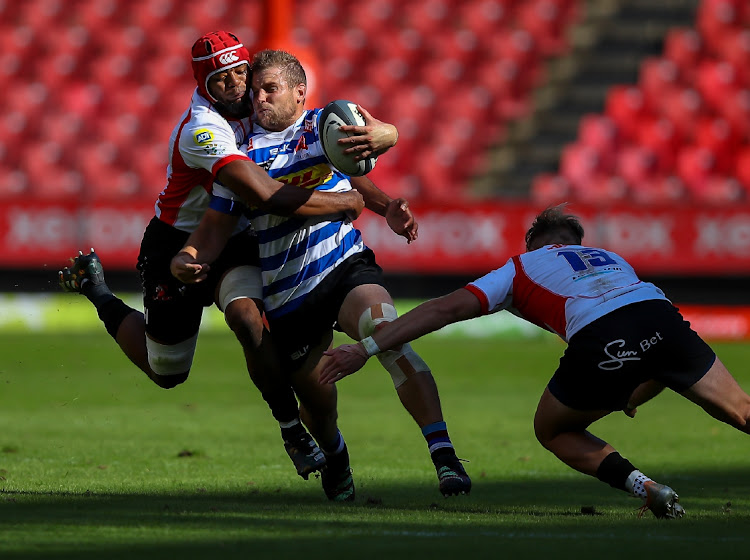 Jean-Luc du Plessis of the DHL Western Province tackled by Sibusiso Sangweni of the Fidelity ADT Lions during the Currie Cup, Premier Division match between Fidelity ADT Lions and DHL Western Province at Emirates Airline Park on March 11, 2023 in Johannesburg, South Africa.