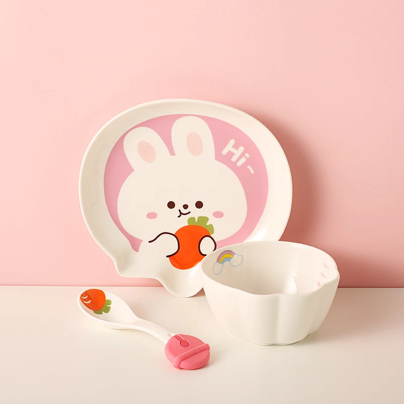 Vajilla Infantil Conejito Plato para Cena Individual Taza Bol Creativo Bandeja Dividida Desayuno para Niños Diseño Divertido.