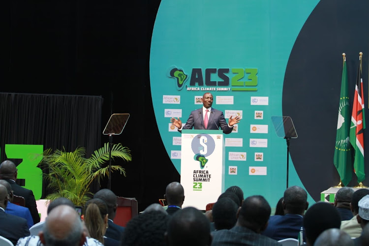 President William Ruto speaking at the Africa Climate Summit in Nairobi, September 6, 2023.