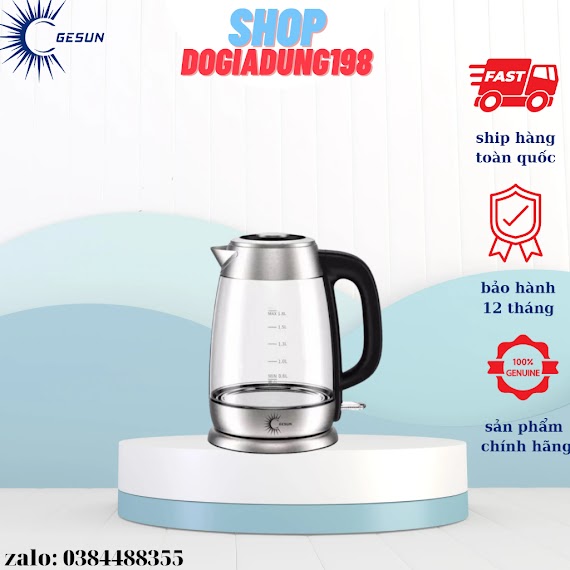 Ấm Siêu Tốc Gesun Ktg - 758 1.8L Cách Nhiệt Cao Cấp, Bình Siêu Tốc Thủy Tinh Công Suất 1800W, Bảo Hành 24 Tháng - Đổi Mới