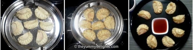 cooking the veg momos in a steamer