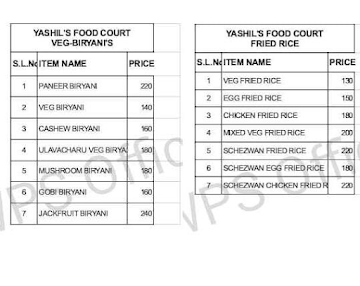 Yashil's Food Court menu 