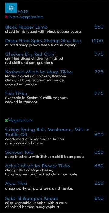 The Blue Bar, Taj Diplomatic Enclave menu 