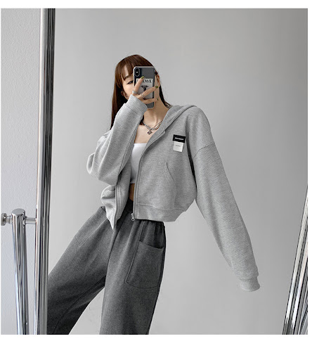 Title 1, Short Long Sleeve Waffle Loose Hooded Sweatshir...