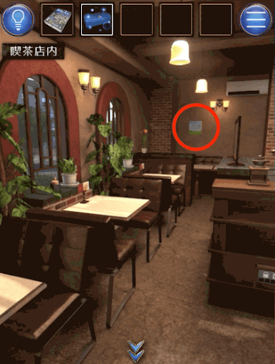 脱出ゲーム_誰もいない街_ステージ-3の攻略_喫茶店に移動し奥のあくとサイクルのポスターを拡大