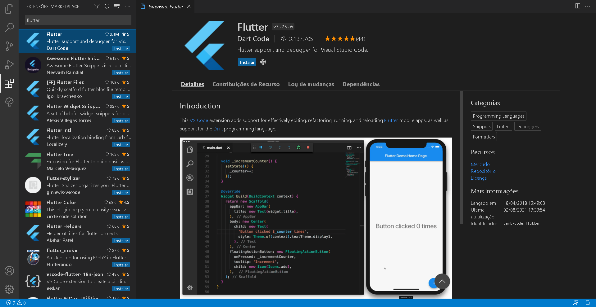 Flutter no Marketplace do VS Code