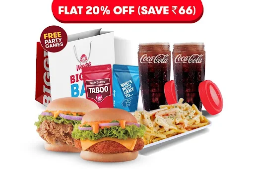 Flat 20% Off On 2 Signature Chicken Burgers + Cheesy Fries & 2 Beverages