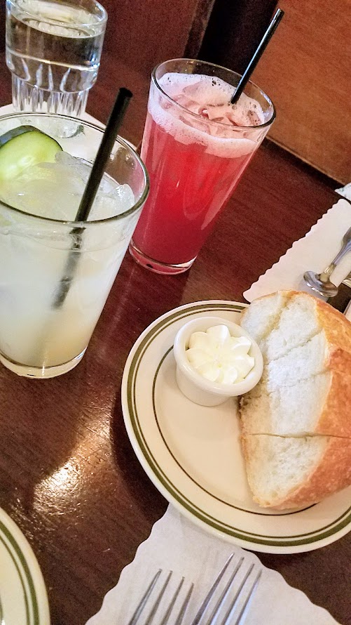 Grapefruit Cucumber Limeade and Pomegranate Palmer with complimentary bread service at Jake's Famous Crawfish in Portland, Oregon