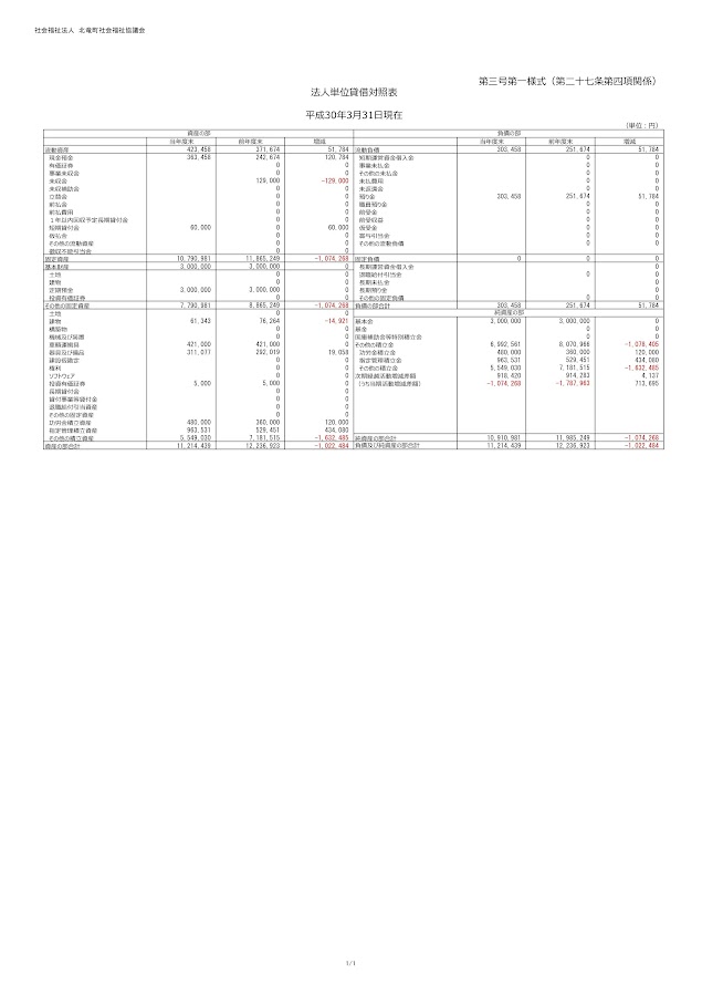 北竜町社会福祉協議会 法人単位貸借対照表（平成29年4月1日〜平成30年3月31日）