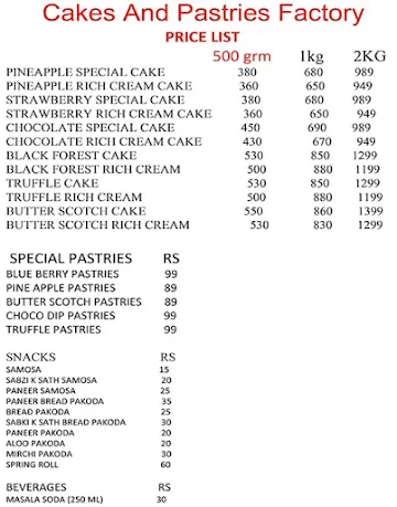 Cakes And Pastries Factory menu 