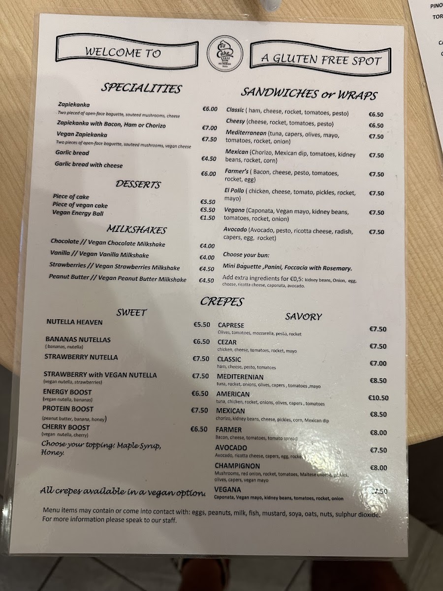 Fit Cake gluten-free menu