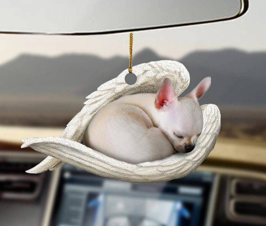 Pingente de carro Cão Dormindo Anjo Decoração de casa Acrílico Vitrine Enfeites pendurados para portas, lindo e fofo.