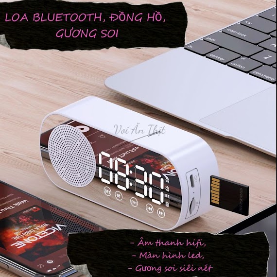 Loa Bluetooth Hỗ Trợ Thẻ Nhớ Kiêm Đồng Hồ Báo Thức Để Bàn Hiển Thị Đèn Led Kiêm Gương Soi Có Thể Dùng Trang Trí Decor