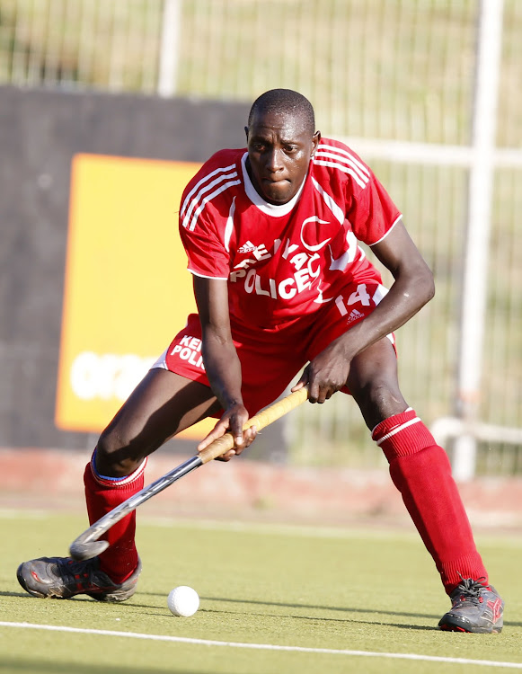 Moses Cheplaiti of Kenya Police during their Kenya Hockey Union Premier League match against USIU-A at City Park Stadium