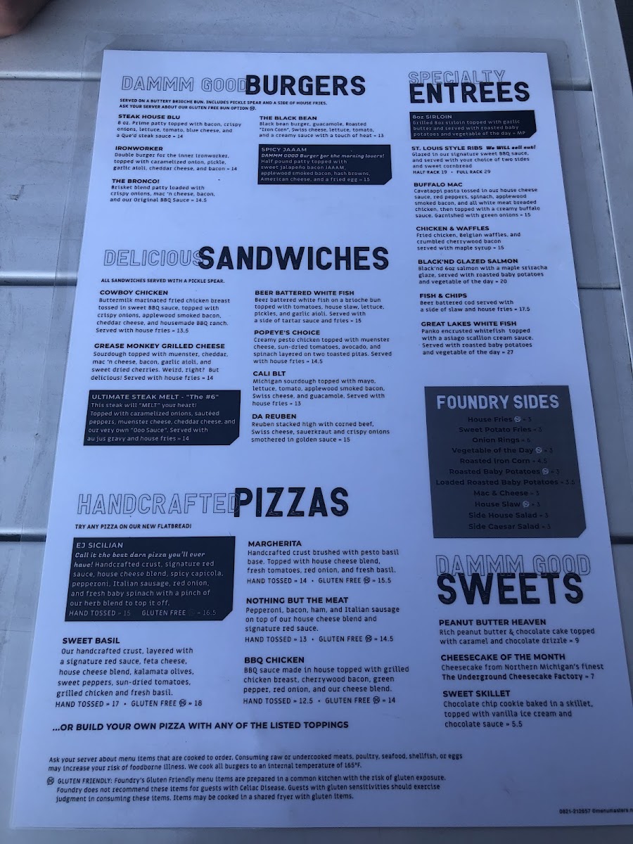 Foundry Bar & Grill gluten-free menu