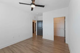 Plank floor, white walls and trim, black ceiling fan in bedroom with walk-in closet