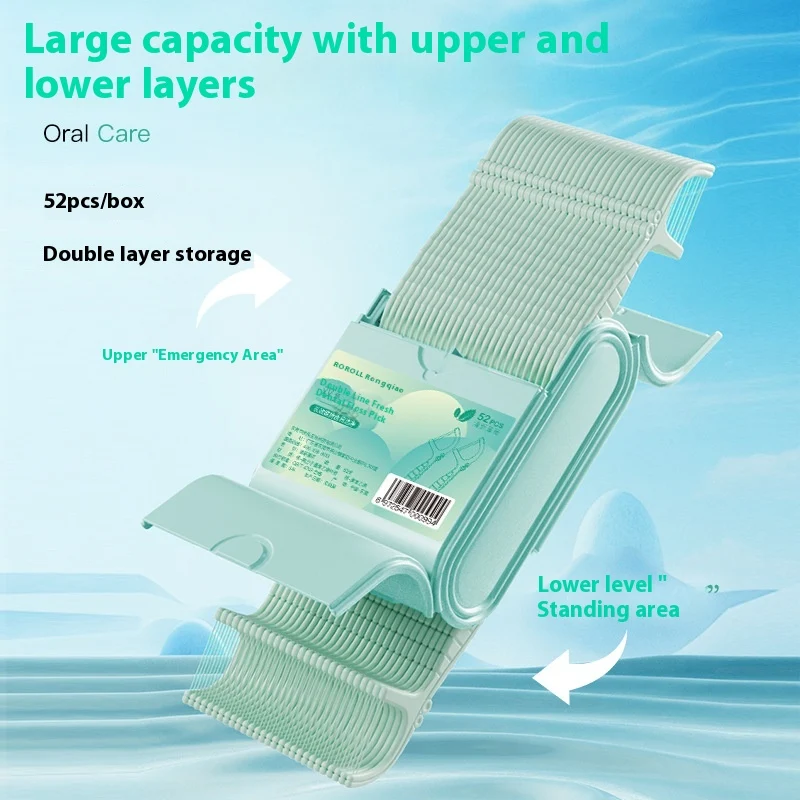 Fio Dental Portátil Duplo Sabor Menta Descartável Em Caixa. Limpeza bucal prática e refrescante, perfeito para usar em qualquer lugar.