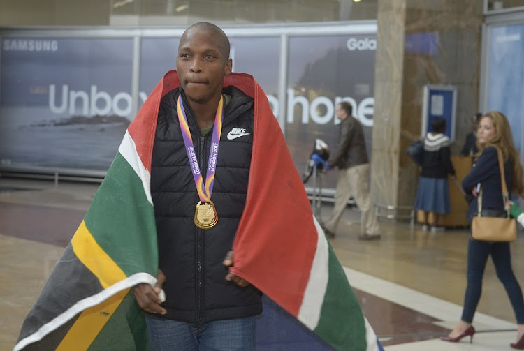 World champion Luvo Manyonga during the arrival of Luvo Manyonga, IAAF World Championship Long Jump Gold Medal winner at OR Tambo International Airport on August 26, 2017 in Johannesburg.