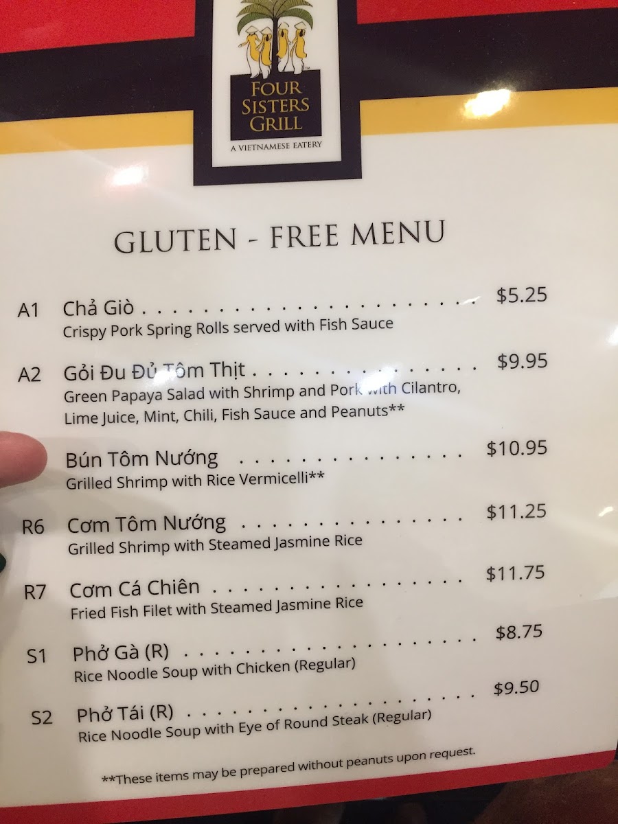 Gluten free menu