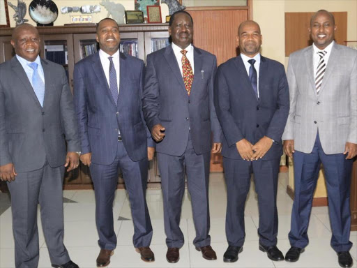 Kilifi North MP Owen Baya, Msambweni's Suleiman Dori, ODM leader Raila Odinga, Kisauni's Ali Mbogo and Suna East's Junet Mohamed at Capitol Hill on Wednesday, December 5, 2018. The MPs paid Raila a courtesy call. /COURTESY