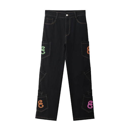 Title 5, Letter Embroidery Black Jeans for Men and Women...