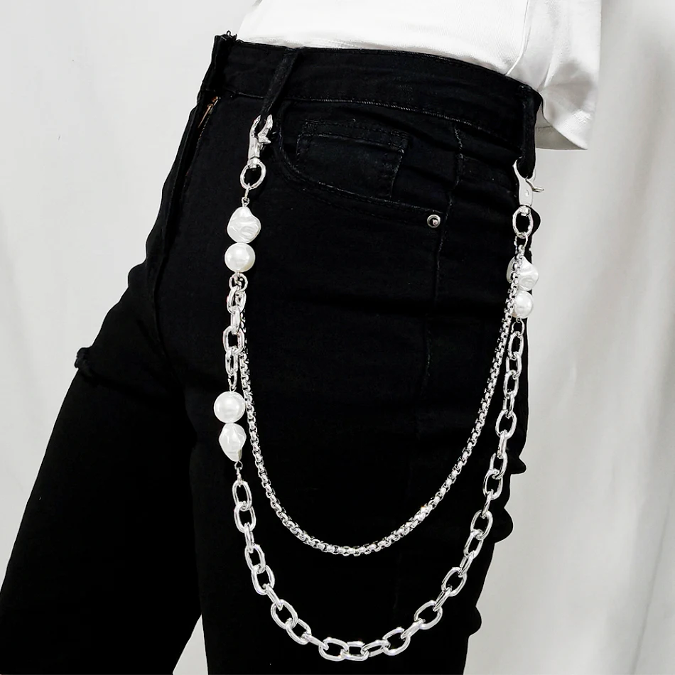 Silberne Doppelketten-Hose im Punk-Stil mit Perlen-Imitation, cooles Hip-Hop-Tanz-Accessoire und modische Dekoration.