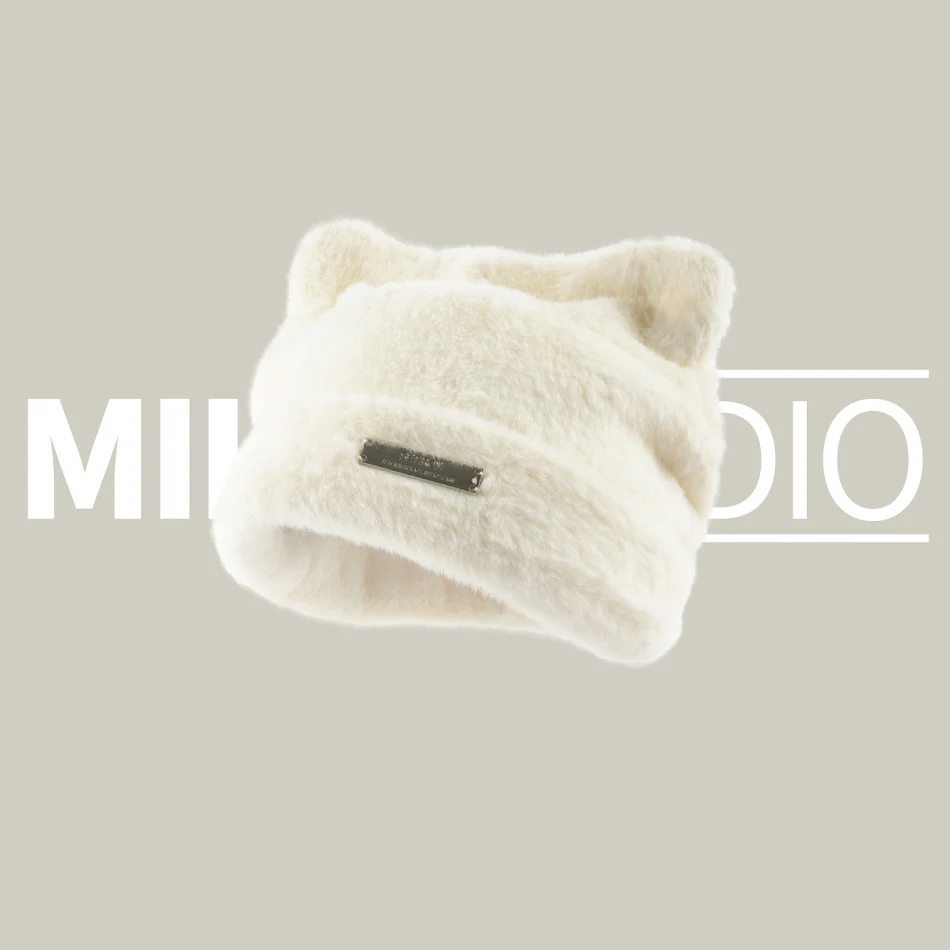 Koreaanse gebreide muts met schattige kattenoortjes, zacht als nerts. Warm, schattig en perfect voor een schattige en modieuze winterlook.