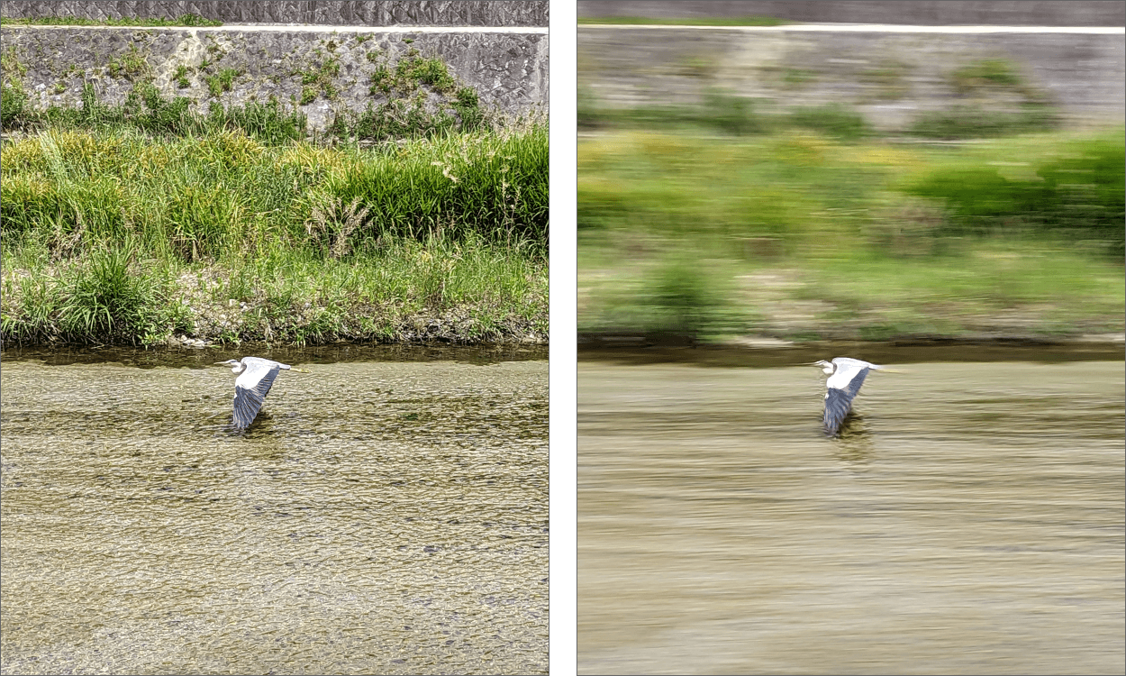 （写真左）通常モードで撮影。（写真右）アクション パンで撮影