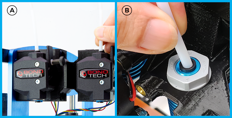 Insert a bowden tube into each BondTech Extruder and then connect each bowden tube into each V6 hotend in the front of the Pulse. Note it is essential which extruder connects to which hotend.