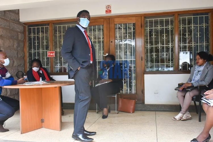 LSK President Nelson Havi, accompanied by LSK members Veronica Odipo, Juliet Jakaila and Clarise Mmbone seat at the entrance of LSK offices as they wait to get access to the office on August 10, 2021.