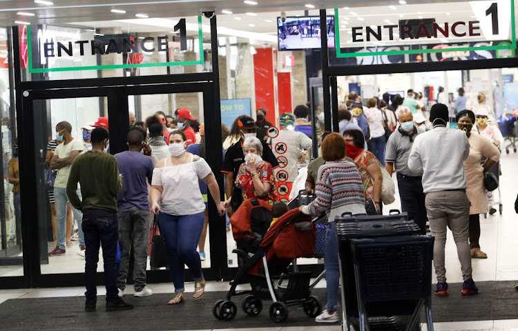 Crowds of customers at Vincent Park shopping centre in East London as many people took advantage of shops opening for lockdown, stage 4.