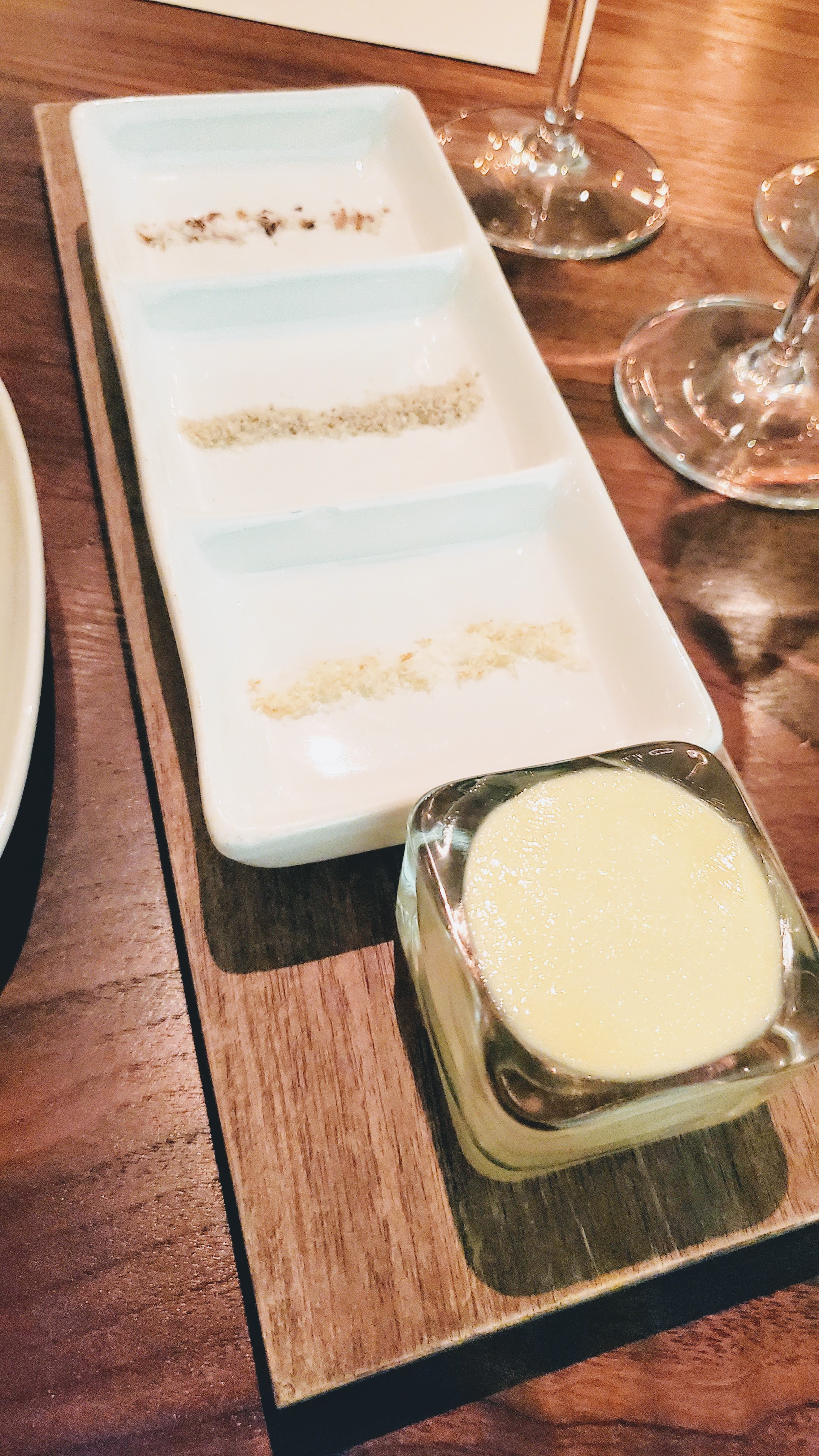 Chef's Menu at Roe PDX, Bread Service. Not explicitly listed on the menu but part of the meal also is a bread service starring some Little T Bakery bread along with softened butter and three flavored salts - a citrus (lemon orange) salt, a fennel salt, and a bonito salt