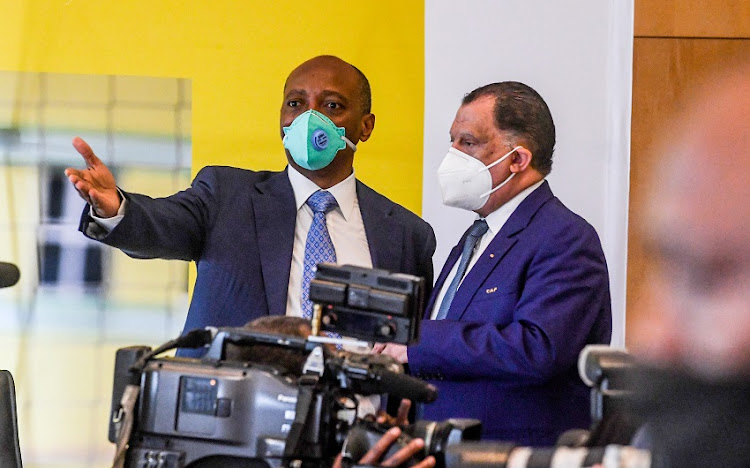 Patrice Motsepe and Danny Jordaan during the Dr Patrice Motsepe CAF Manifesto launch at Sandton Convention Centre on February 25 2021 in Johannesburg.