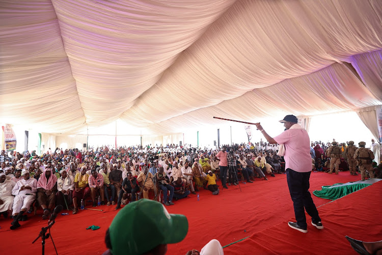 Defence CS Aden Duale speaks in Bura town, Fafi constituency