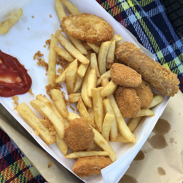 Chicken nuggets, battered sausages and potato fritters. All GF and very tasty. I had snapper and chips, also GF but ate it all before I thought to take a pic lol