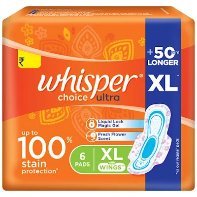 Whisper Choice Sanitary Pads For Women, XL - 6 pc